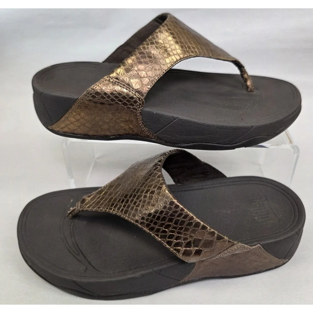 Fitflop Lulu (Sz 7) Women's Bronze Shimmer Brown Flip Flop Thong Sandals